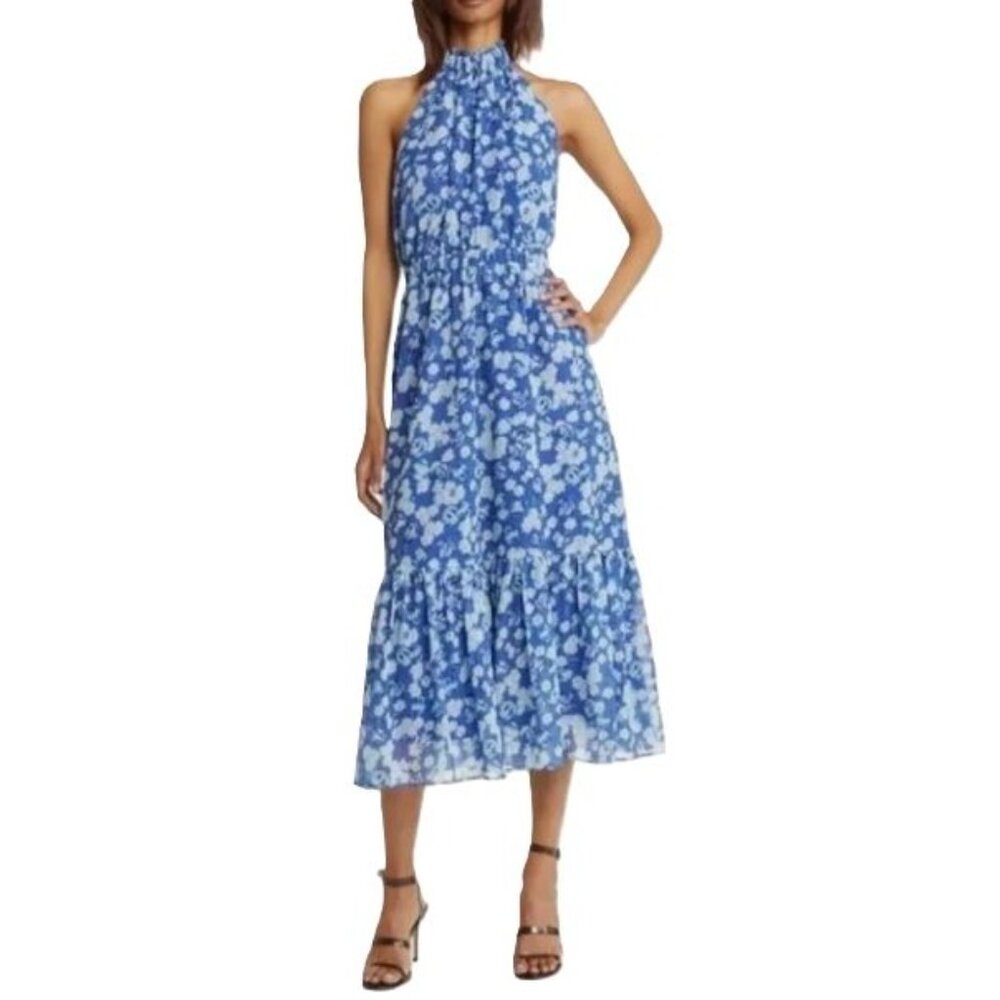 Chelsea28 Midi Dress Size XL Blue Floral Halter Open Back & Ruffle Hem NWOT